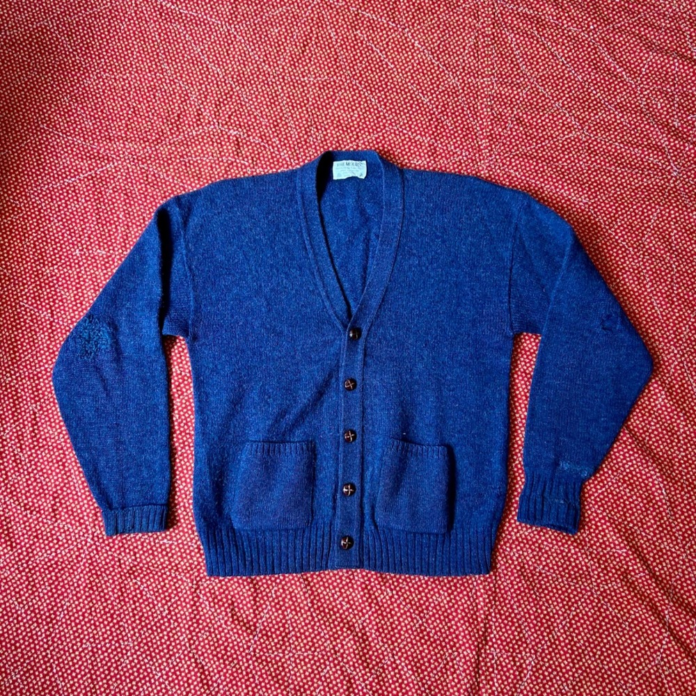 Vintage 1970s Lord Jeff The Moors Blue Shetland Wool Cardigan Sweater Mens USA